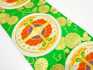 アンティーク　丸紋に向かい蝶・菊唐草模様織り出し袋帯（着用可）